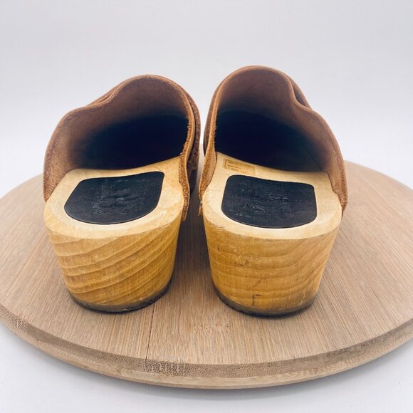 Swedish Wood Clogs Womens 8.5 39 Tan Brown Leather Slides Studded - Picture 7 of 12